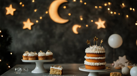 Delicious cupcakes topped with creamy frosting and star decorations sit on elegant stands. Soft lights and a cozy atmosphere enhance the festive mood during a special gathering.の素材