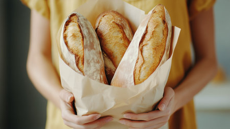 A person wearing a yellow shirt holds a paper bag filled with three freshly baked loaves of bread. The setting is cozy and warm, showcasing a love for homemade goods.の素材