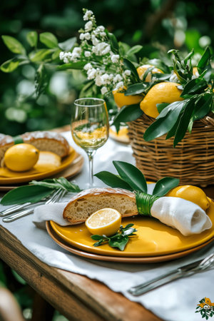 A beautifully arranged outdoor dining table features yellow plates, fresh bread, and a basket of lemons. Lush greenery surrounds the setting, creating a vibrant atmosphere.の素材
