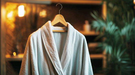 A plush white bathrobe is displayed on a wooden hanger, offering a sense of comfort in a warmly lit bathroom with plants in the background, creating a serene atmosphere.の素材