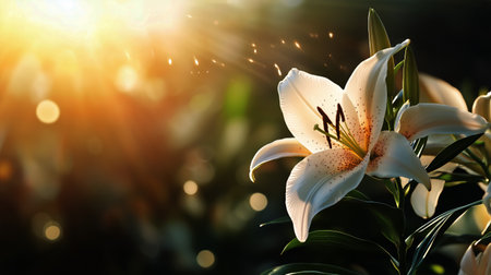 Vibrant orange lilies thrive in a lush garden as the sun sets, casting a warm glow over the flowers and greenery, creating a serene atmosphere.の素材