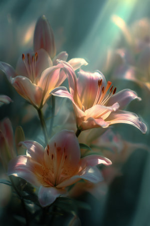 Pink lilies are blooming gracefully, bathed in soft morning light, creating a tranquil atmosphere in a serene garden setting.の素材