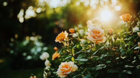 Bright pink roses stand out against a green, blurred background in a serene garden setting under the warm sunlight of an afternoon.の素材