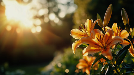 Vibrant orange lilies thrive in a lush garden as the sun sets, casting a warm glow over the flowers and greenery, creating a serene atmosphere.の素材