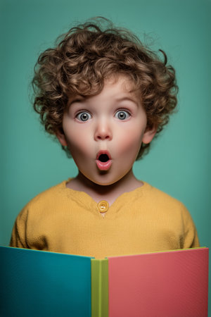 A young child with curly hair wears a yellow sweater while looking surprised while reading a bright book. The child has an expression of awesome against a green background.の素材