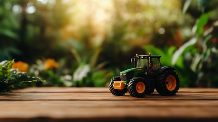 A small green tractor rests on a wooden surface, surrounded by vibrant greenery and colorful plants in a lush garden during daylight hours. Sunlight filters through leaves.の素材