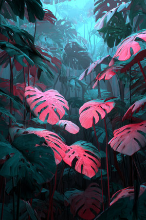 Bright pink and green leaves dominate the dense underbrush of a tropical forest, creating a captivating atmosphere filled with mist and soft light filtering through the canopy.の素材