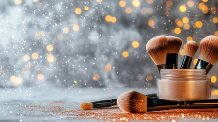 Makeup brushes are neatly placed next to a container of cosmetics, with a background of glimmering lights creating a festive atmosphere.の素材