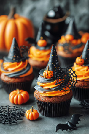 Delicious cupcakes adorned with orange and black frosting feature tiny witch hats, pumpkins, and spiderwebs. The festive arrangement is perfect for Halloween celebrations.の素材