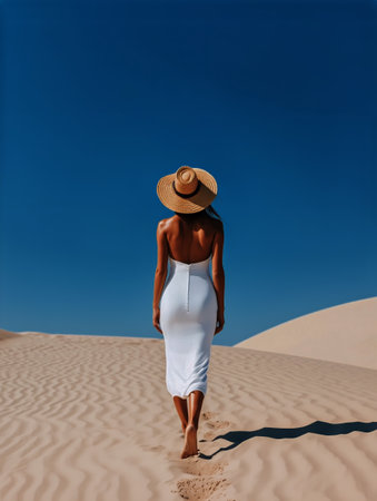 A woman in a white dress walks barefoot on sandy dunes. She wears a large straw hat, enjoying a sunny, outdoor atmosphere in a serene desert landscape.の素材