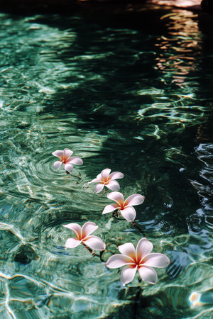 Frangipani flowers gently float on clear water, reflecting the warm sunlight in a relaxing tropical environment. The tranquil scene invites calm and peace.の素材