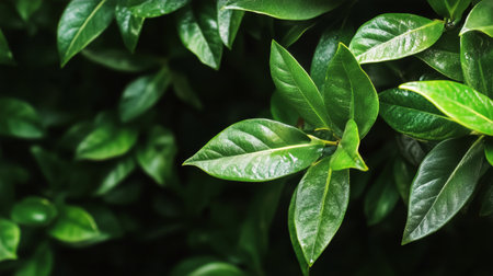 Vibrant green leaves are closely clustered, showing their glossy surfaces. Natural light highlights the texture and shape of each leaf in a tranquil setting.の素材