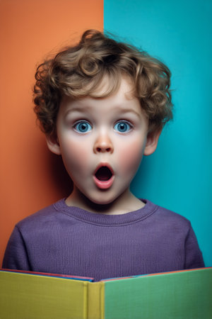 A young child with curly hair wears a yellow sweater while looking surprised while reading a bright book. The child has an expression of awesome against a green background.の素材