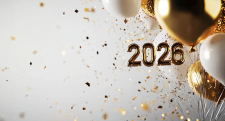 Balloons and golden confetti fill the air in a vibrant celebration, welcoming the arrival of the year 2026. The festive atmosphere captures joy and excitement for new beginnings.の素材