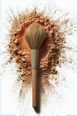 A makeup brush is positioned atop a mound of fine cosmetic powder, showing an elegant arrangement suitable for beauty lovers. The blend of colors adds an inviting touch.の素材