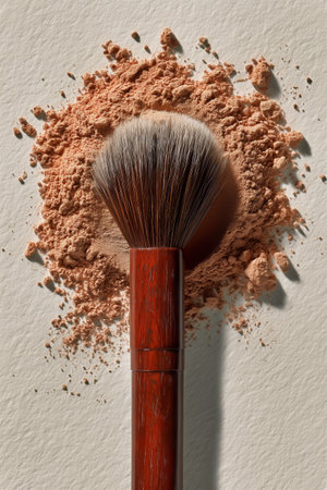 A makeup brush rests beside loose orange powder, showing its texture and color. This arrangement reflects a beauty setup ready for application or artistry.の素材