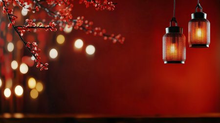 Lanterns are softly glowing, surrounded by bright decorations, creating a warm atmosphere during a nighttime celebration. The vibrant red backdrop enhances the festive mood.の素材