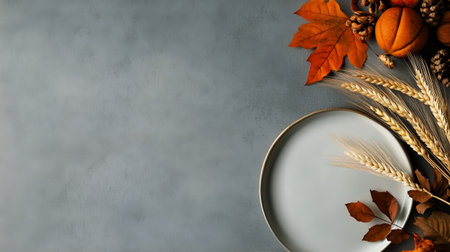 A decorative arrangement for autumn features a neutral plate surrounded by wheat, colorful leaves, and small pumpkins, creating a warm seasonal ambiance.の素材
