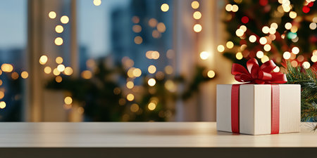 A beautifully wrapped gift box with a red ribbon sits on a table next to a shimmering Christmas tree, with soft lights creating a warm festive atmosphere in the room.の素材