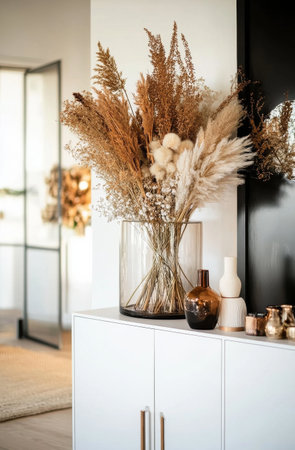 A stylish arrangement of dried flowers is displayed in a clear vase on a white cabinet. The contemporary living space features natural light, enhancing the warm tones.の素材