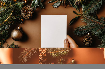 A hand holds a blank card surrounded by winter greenery, pine cones, and decorative ornaments. This cozy setup captures the spirit of the holiday season.の素材