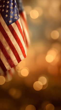 Close-up of the American flag featuring stars and stripes, against a backdrop of warm, blurred golden lights, evoking a sense of patriotism and celebration.の素材