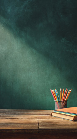 Pencils in a jar sit beside two stacked books on a wooden table in a classroom. The green chalkboard in the background adds to the educational atmosphere of the setting.の素材