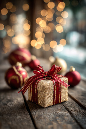 A beautifully wrapped golden gift box sits on a wooden surface, surrounded by red ornaments and soft, glowing lights that create a warm holiday ambiance.の素材