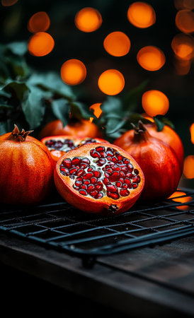 Halved pomegranates reveal glistening red seeds while whole pomegranates rest nearby on a cooling rack in a modern kitchen. The vibrant colors create an appetizing display.の素材