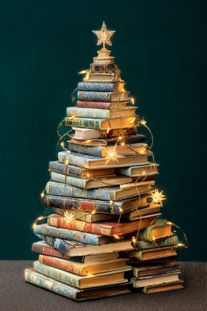 Stacked books form a Christmas tree shape, adorned with twinkling lights and gold stars, creating a cozy holiday atmosphere ideal for a warm celebration.の素材