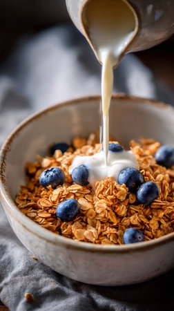 A rich breakfast bowl features crunchy granola topped with fresh blueberries and creamy yogurt being poured on top. Perfect for starting the day with a healthy meal.の素材