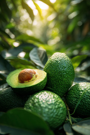 Avocados are arranged on green leaves with one halved avocado revealing its smooth flesh and seed. Sunlight filters through trees in a vibrant orchard, highlighting fresh produce.の素材