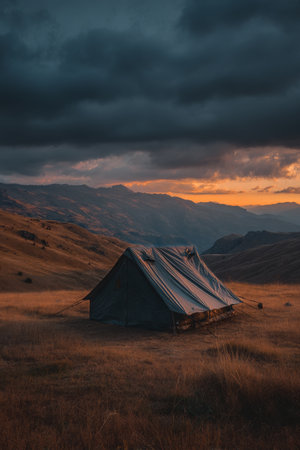 A tent nestled in a golden field under a stunning sunset in the mountains. Dramatic clouds loom over rolling hills, creating a peaceful outdoor atmosphere during evening hours.の素材