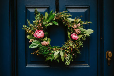 A vibrant wreath featuring pink tulips and greenery is hung on a dark blue door, adding charm and color to the entryway, enhancing the welcoming atmosphere of the home.の素材