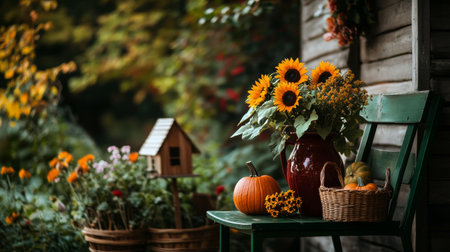 Bright sunflowers and pumpkins decorate a rustic green chair outside a wooden building, surrounded by colorful flowers and a small birdhouse on a serene autumn day.の素材