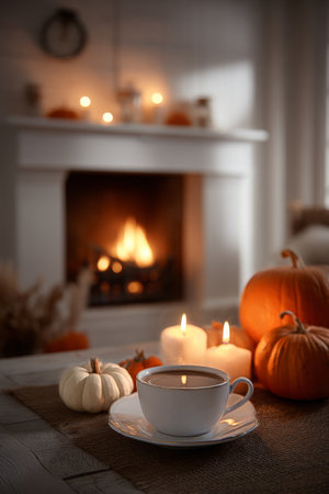 A warm drink rests on a wooden table near a lit fireplace, surrounded by pumpkins, candles, and natural decor, creating a cozy autumn ambiance suitable for relaxation.の素材