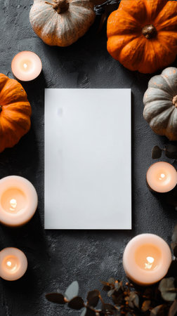 Two hands are holding a blank sheet of paper surrounded by various colored pumpkins and lit candles on a textured gray surface, capturing the essence of autumn.の素材