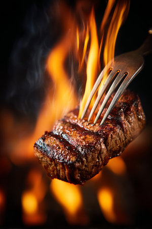 A succulent grilled steak, perfectly seared and held by a fork, hovers over roaring flames in an outdoor barbecue setting at night, creating a mouthwatering display.の素材
