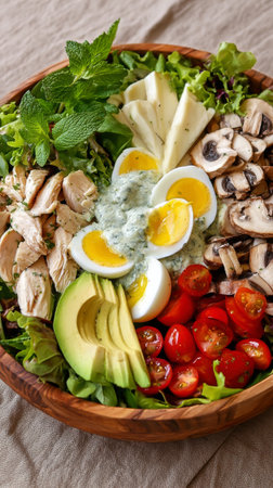 A vibrant salad features grilled chicken, sliced avocado, hard-boiled eggs, cherry tomatoes, and fresh greens. The dish is beautifully arranged in a rustic wooden bowl.の素材