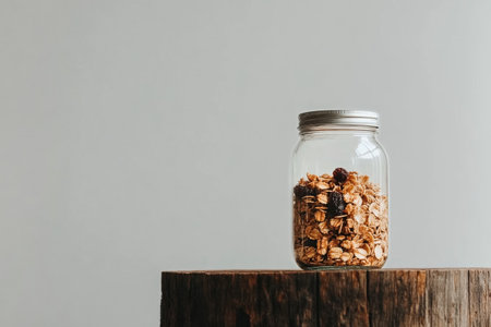 A glass jar filled with granola sits on a wooden table, showing the wholesome ingredients. The neutral background adds a serene touch to the kitchen setting.の素材
