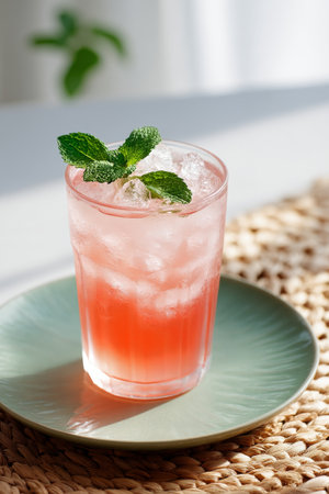 A glass filled with a refreshing pink beverage sits on a green plate. Fresh mint leaves garnish the drink, creating a vibrant look in a warm, inviting atmosphere.の素材