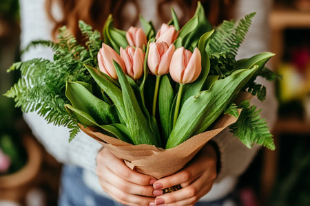 A person presents a bouquet featuring delicate pink tulips and vibrant green ferns. The arrangement showcases a blend of fresh blooms and foliage, set in a cozy indoor environment.の素材