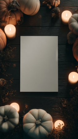 Warm candles surround a blank sheet of paper, placed on a dark wooden table. Various pumpkins add a seasonal touch, creating a cozy atmosphere for autumn activities.の素材