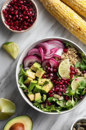Colorful bowl features quinoa, grilled corn, sliced avocado, red onion, and pomegranate seeds, perfectly arranged on a surface, showing a marble nutritious meal option.の素材