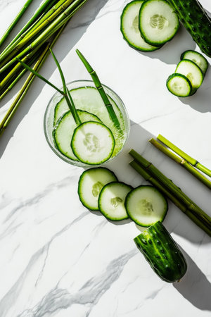 A vibrant cucumber drink is prepared with fresh cucumber slices and green garnishes, artfully arranged on a marble surface, presenting a refreshing summer treat.の素材