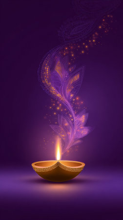 A diya lamp radiates a warm light, adorned with delicate patterns as shimmering sparks swirl around it against a deep purple background. This moment captures the essence of celebration.の素材