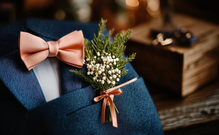 A well-dressed groom in a blue suit proudly displays a peach bow tie and a delicate floral boutonniere. The setting exudes a classic and refined atmosphere.の素材