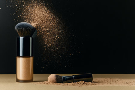 Loose makeup powder and brushes are arranged artistically on a surface, with powder cascading from a brush, highlighting a beauty theme in a dark setting.の素材