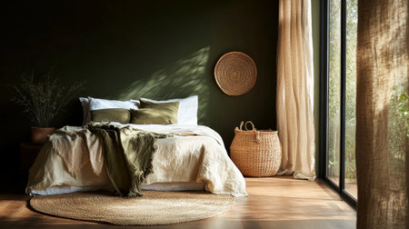 A spacious bedroom features large windows that allow natural light to flood in. Plants add a touch of nature, harmonizing with neutral furnishings and warm wood flooring.の素材