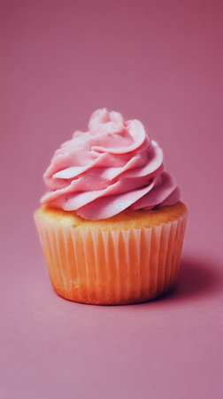 A soft cupcake topped with fluffy pink frosting sits beautifully on a light pink background, perfect for dessert lovers looking for a sweet treat or celebration inspiration.の素材